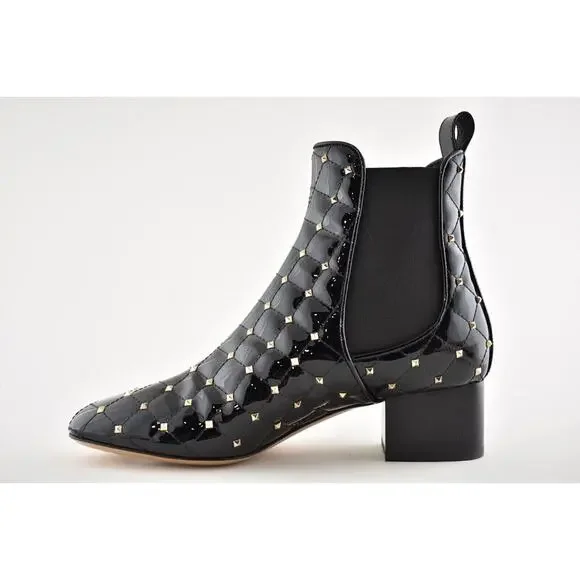 Valentino Rockstud Chelsea Spike Black Patent Stud Heel Short Ankle Bootie 37